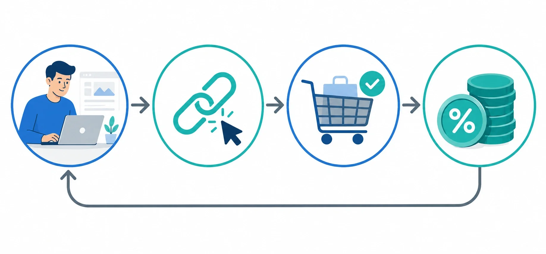 Diagram showing how affiliate commission works - reader clicks link, purchases product, website earns commission from retailer
