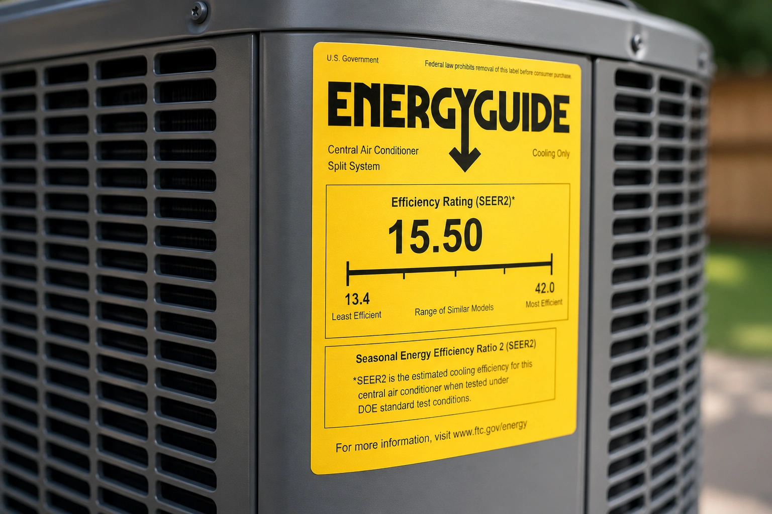 SEER rating label on air conditioner unit showing energy efficiency