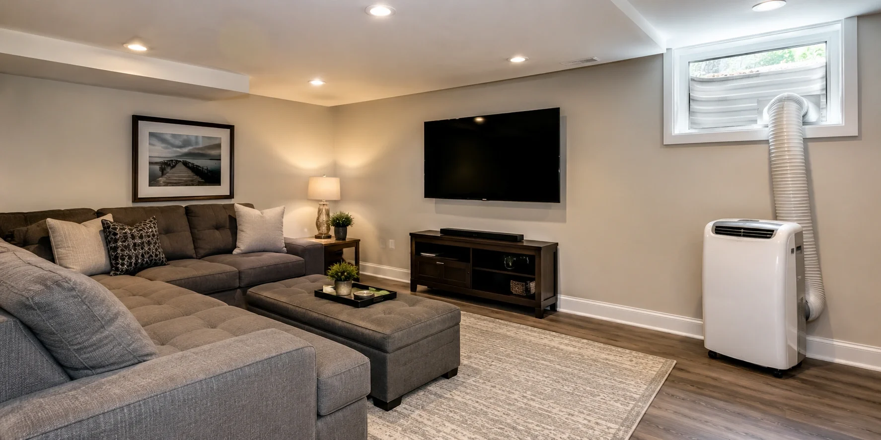 Dehumidifying air conditioner installed in a finished basement