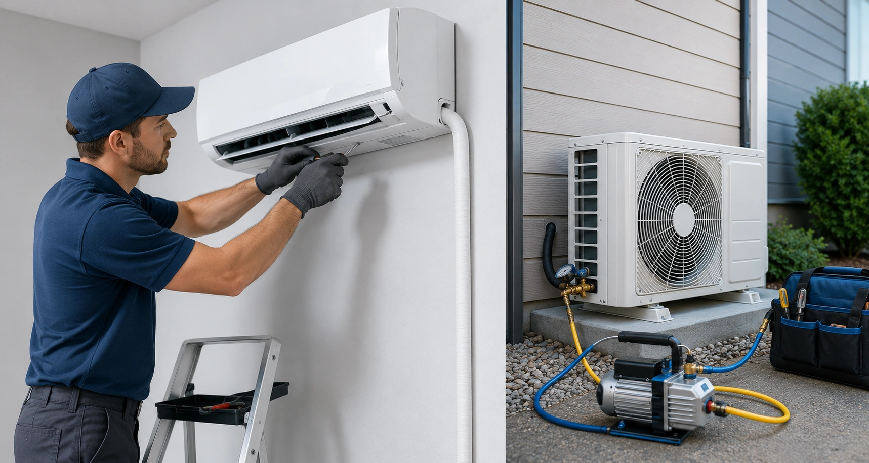 Professional HVAC technician installing a ductless mini-split air conditioner showing indoor and outdoor unit setup