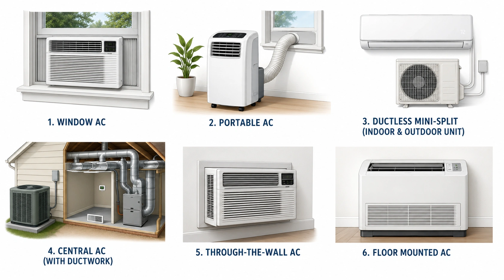 Comparison chart showing different air conditioner types including window, portable, mini-split, and central AC