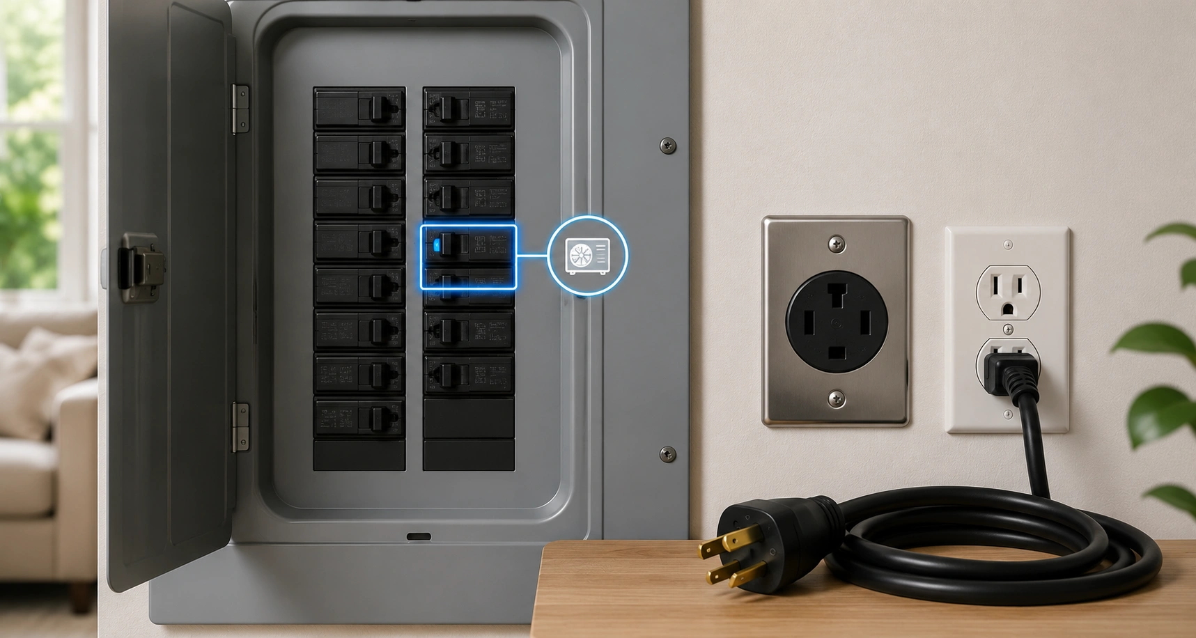 Home electrical panel showing breaker configuration for air conditioner installation with voltage and amperage labels