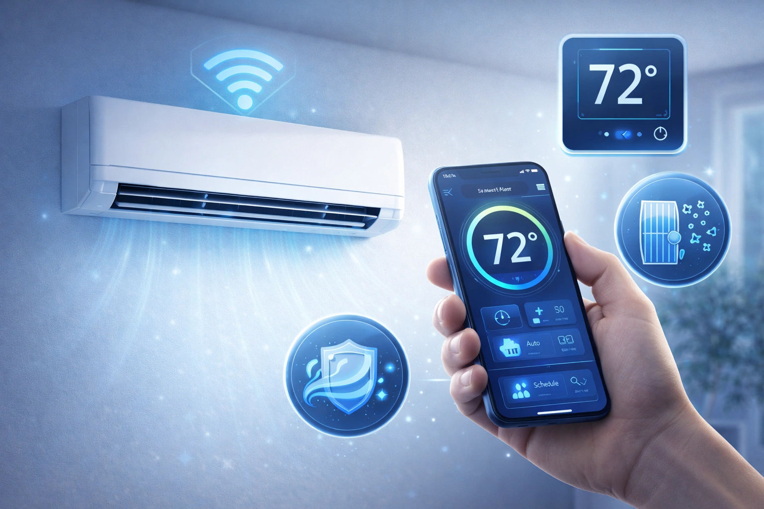 Smart air conditioner features including Wi-Fi control, programmable thermostat, air purifier, and self-cleaning functionality