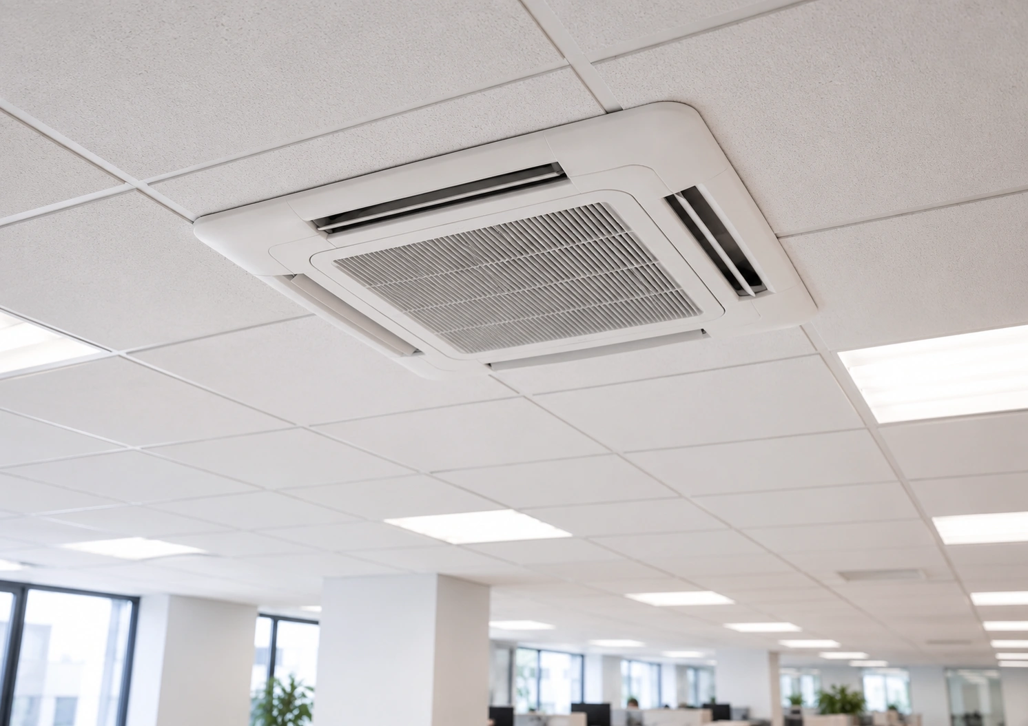 Ceiling cassette air conditioner unit mounted in a drop ceiling