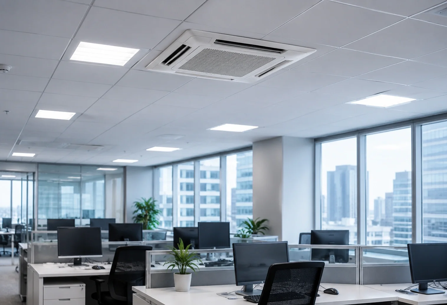 Commercial HVAC system cooling a modern office building