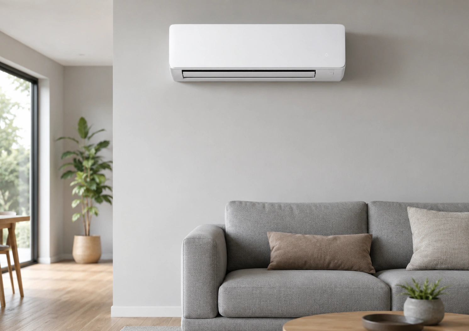 Ductless mini-split AC wall-mounted indoor unit in a modern room