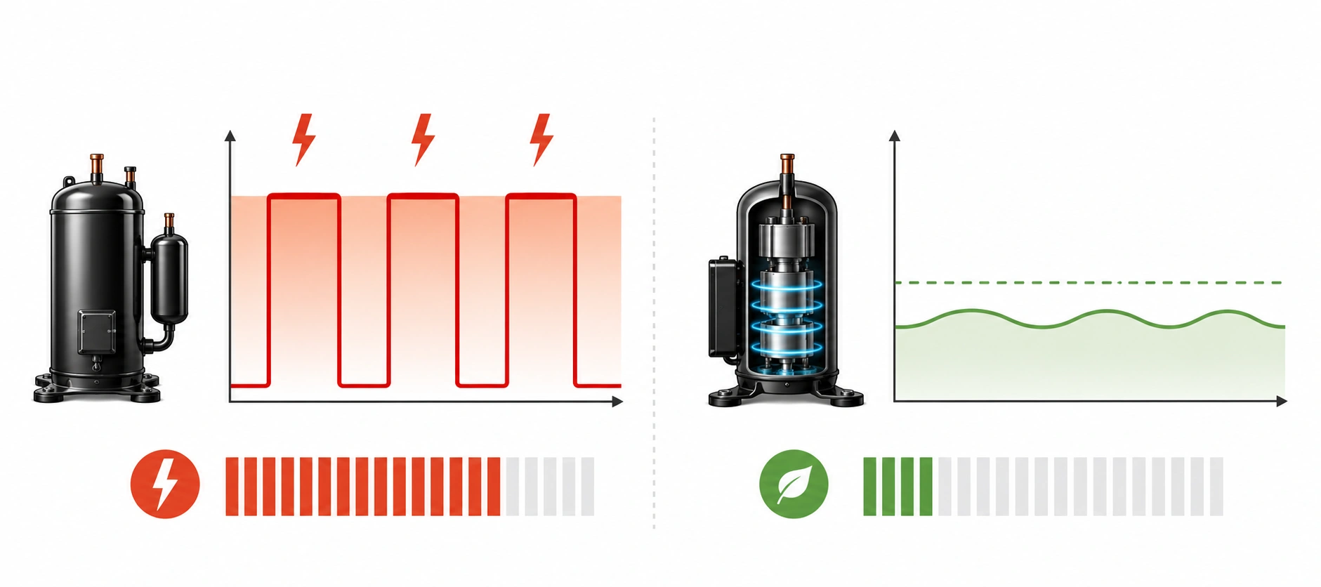 Comparison showing how inverter variable-speed compressor adjusts output smoothly versus fixed-speed on-off cycling