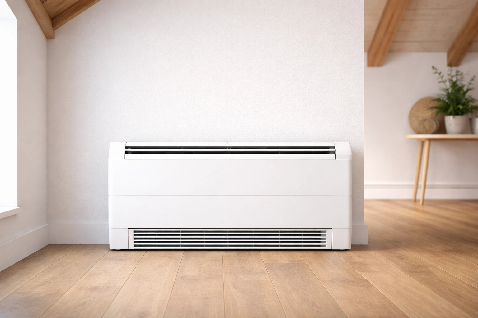 Floor mounted air conditioner unit at the base of a wall