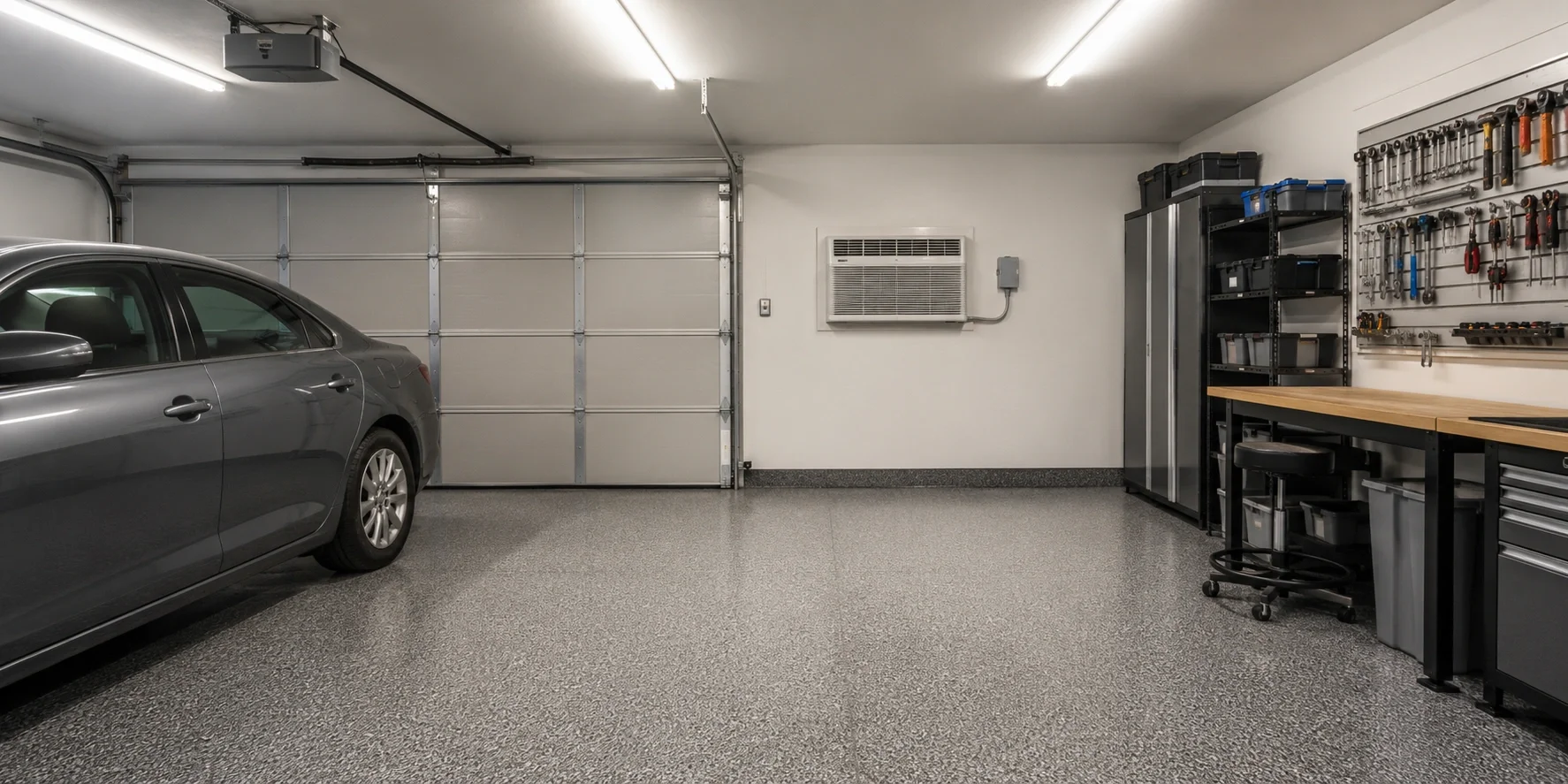 Heavy-duty air conditioner cooling a garage workshop space
