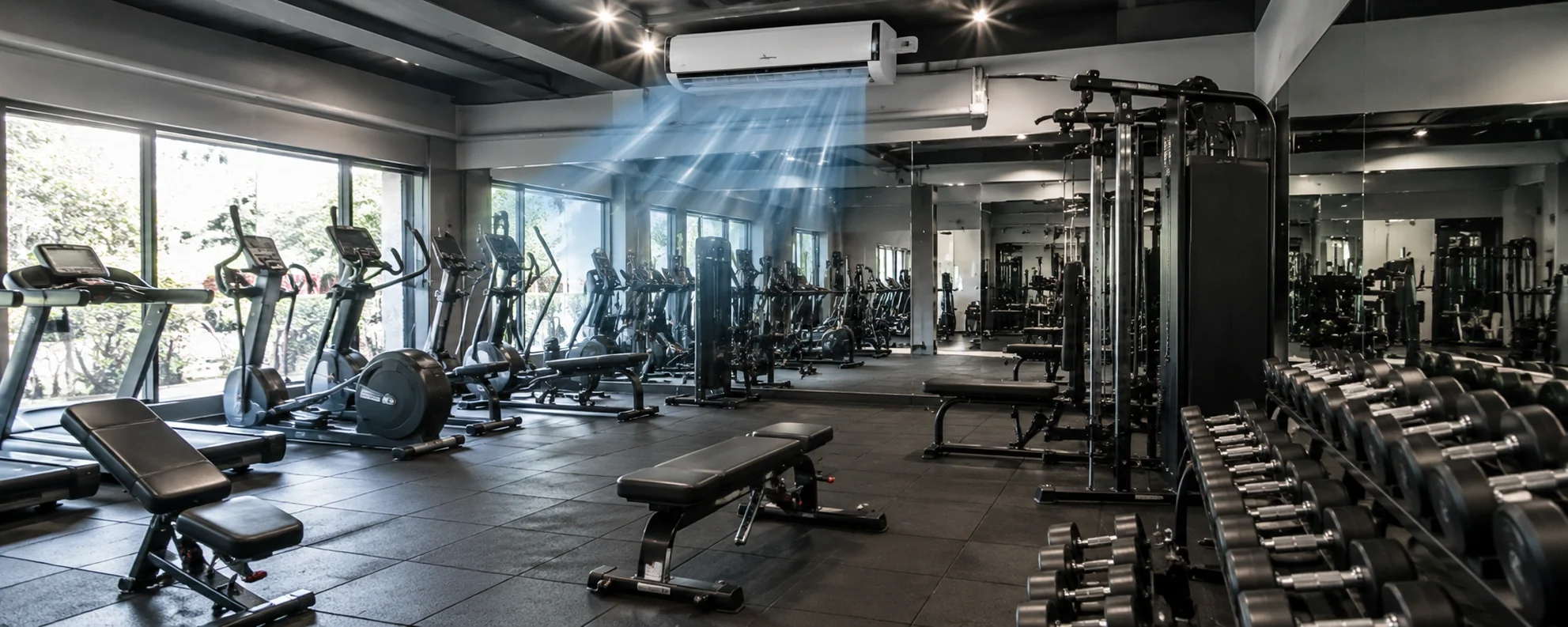 Gym with powerful air conditioning handling high body heat from exercisers