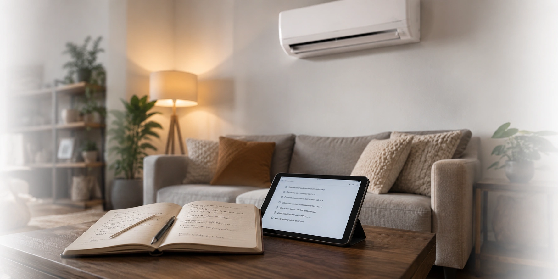 Person reading AC help guide on laptop with air conditioner in background