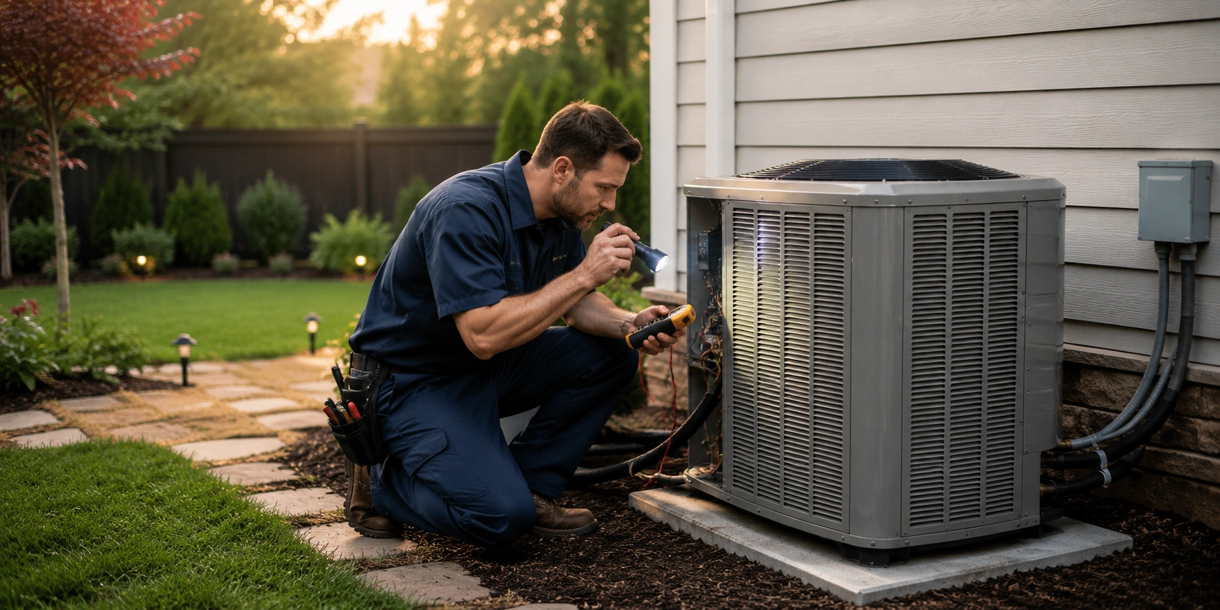 HVAC technician inspecting air conditioner unit for common problems