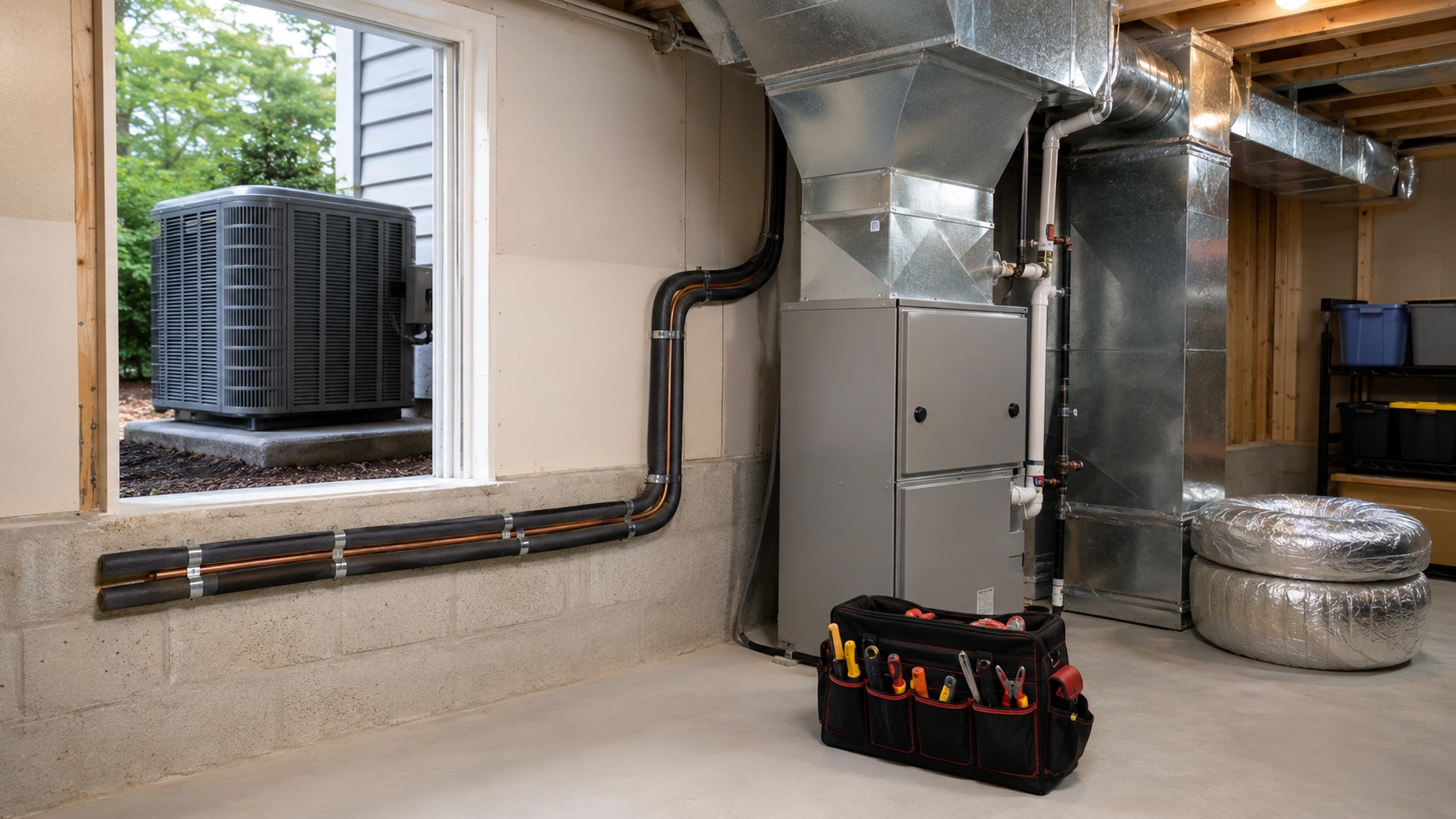 Central air conditioning installation showing outdoor condenser, indoor furnace coil, and ductwork connections