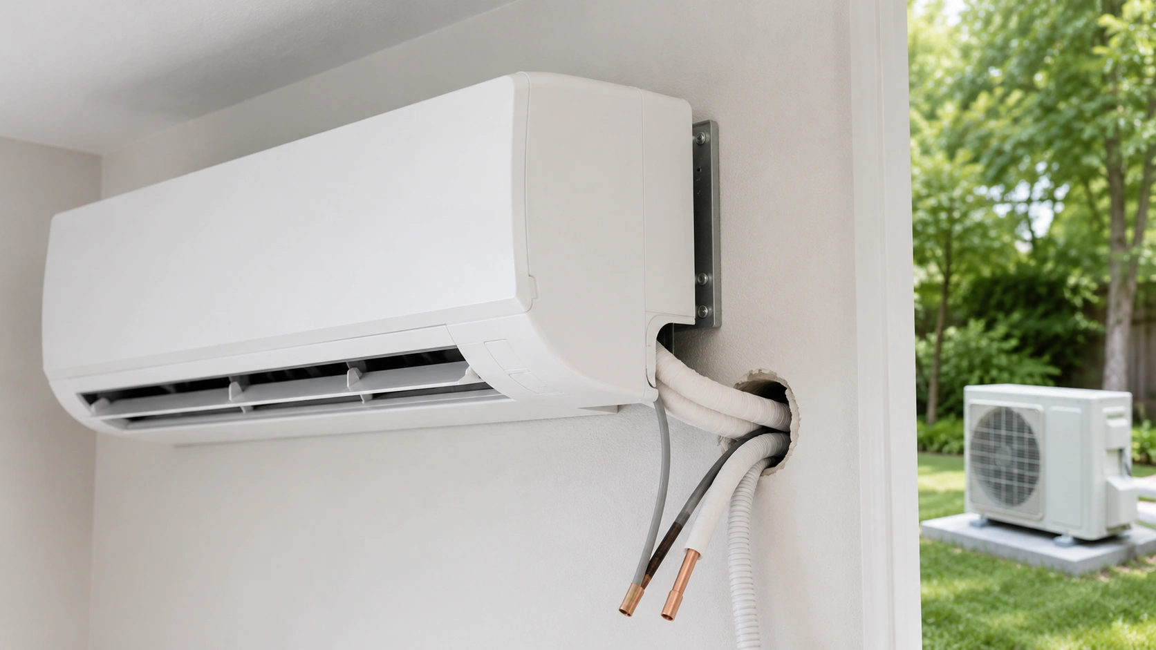 Mini-split AC installation process showing indoor wall unit mounting and outdoor condenser placement