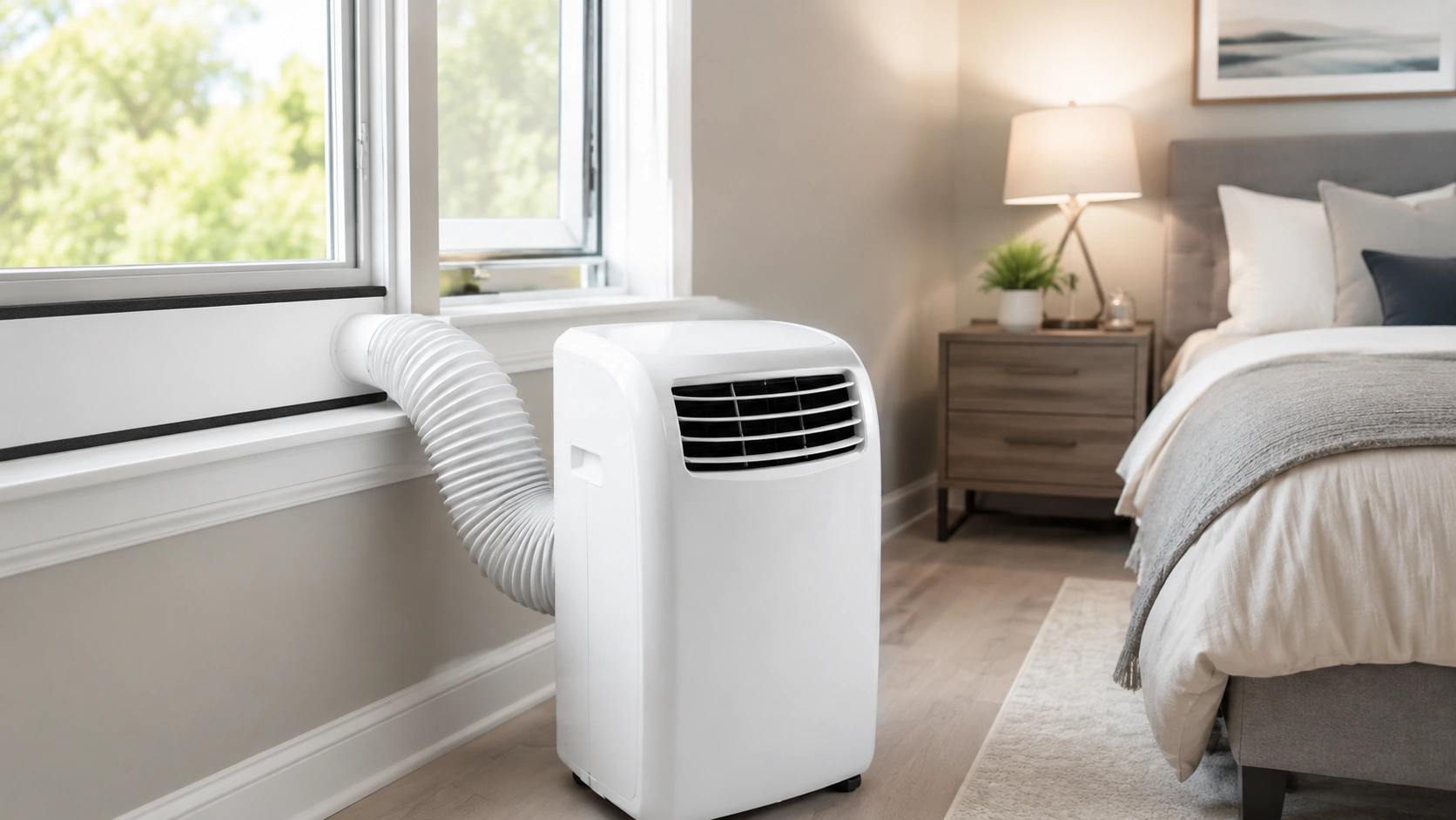 Portable air conditioner setup showing window venting kit and proper room placement