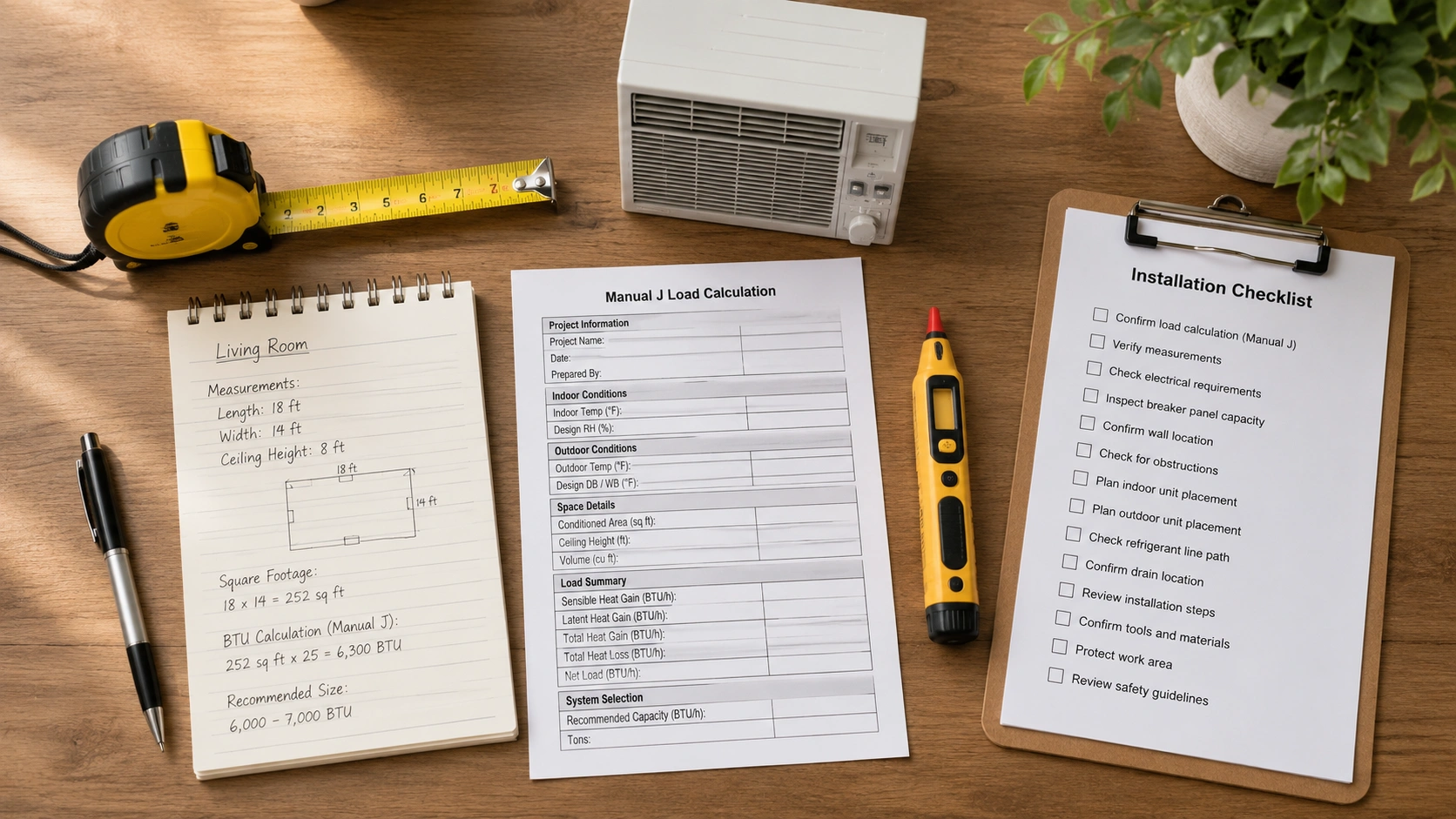 Preparation steps before installing an air conditioner including measuring room and checking electrical