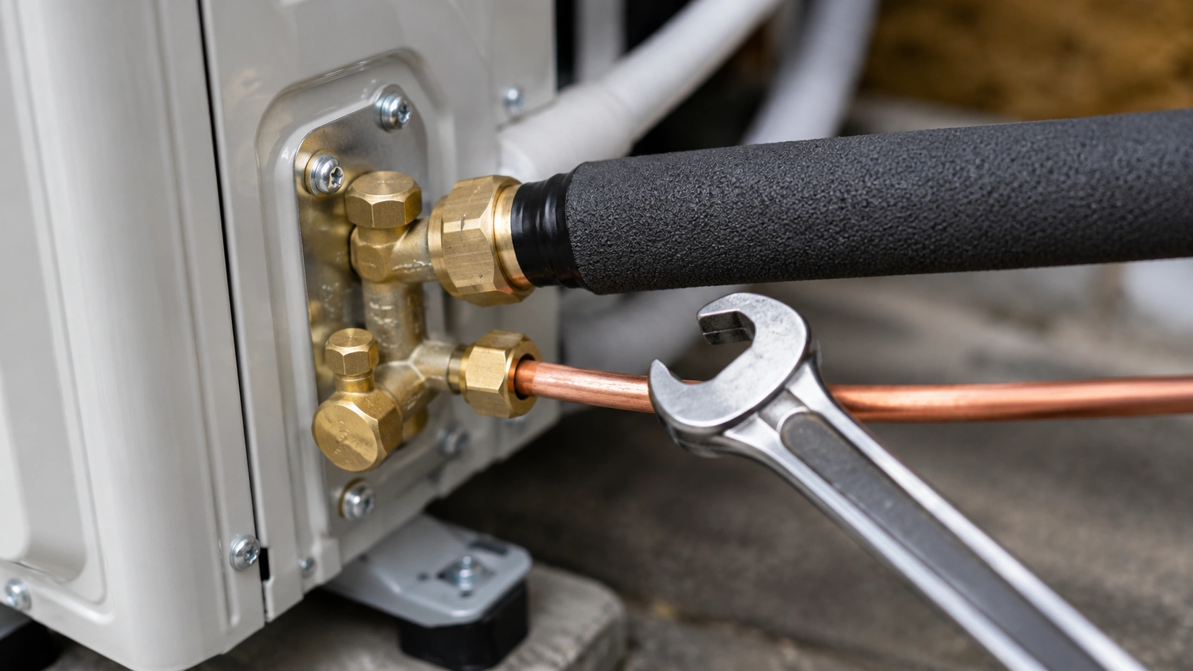 Copper refrigerant line set connection between indoor and outdoor AC units showing insulated suction line