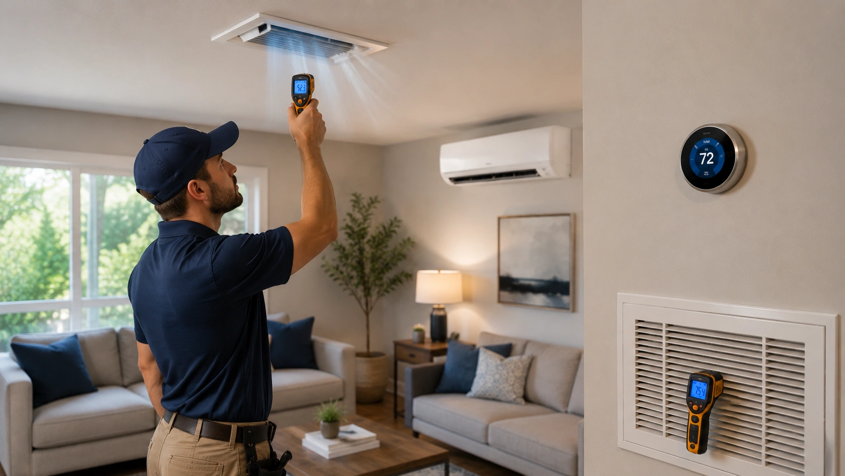 Post-installation AC testing using thermostat and temperature gauge to verify cooling performance