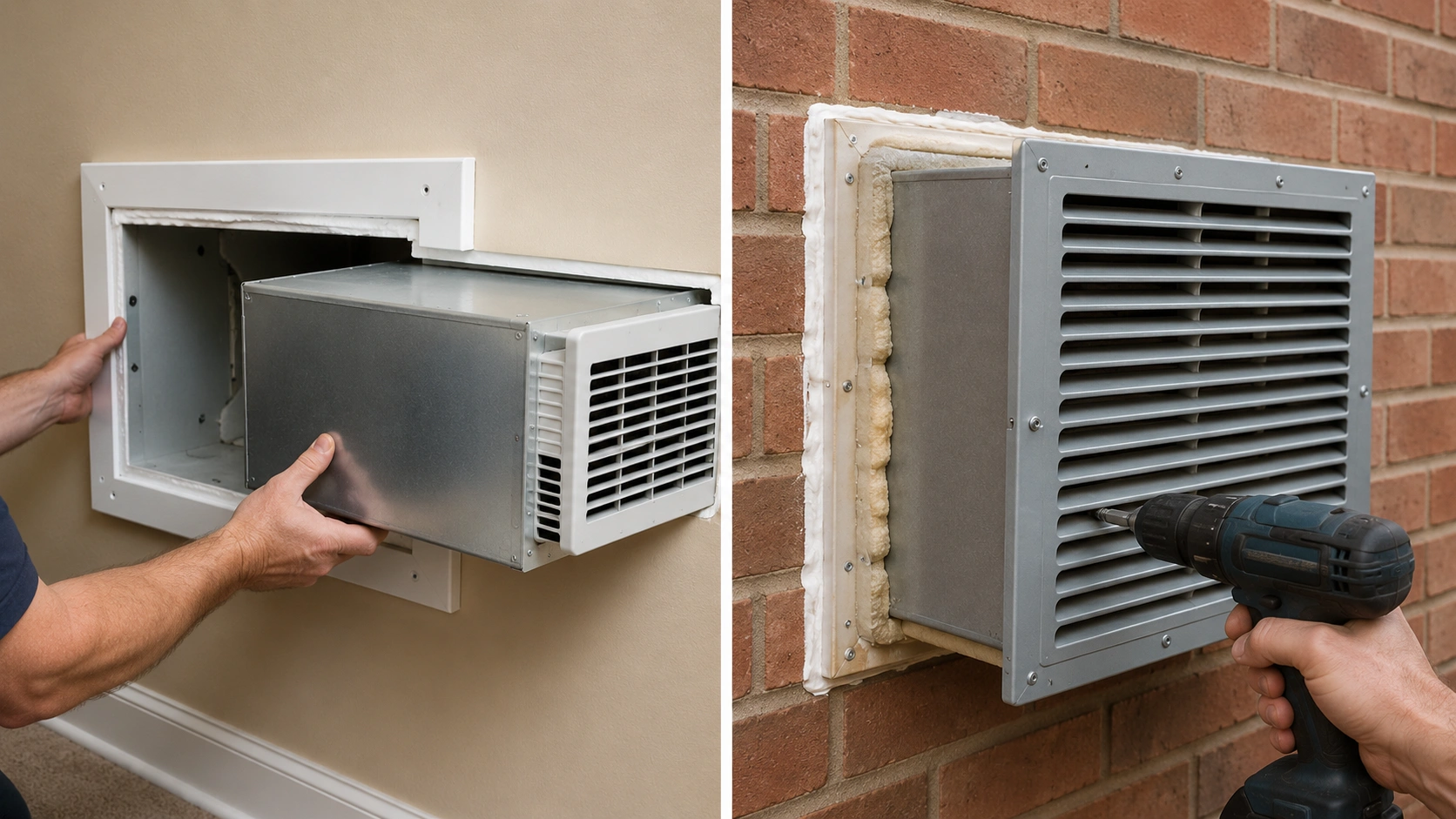 Through-the-wall AC installation showing wall sleeve insertion and exterior grille mounting