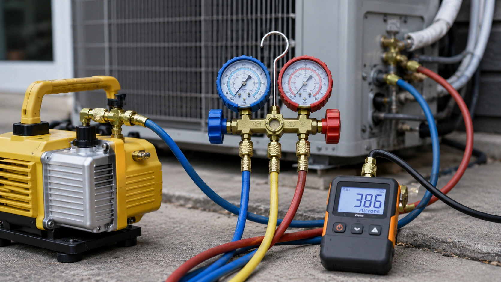 Vacuum pump connected to AC service valves evacuating refrigerant lines before charging