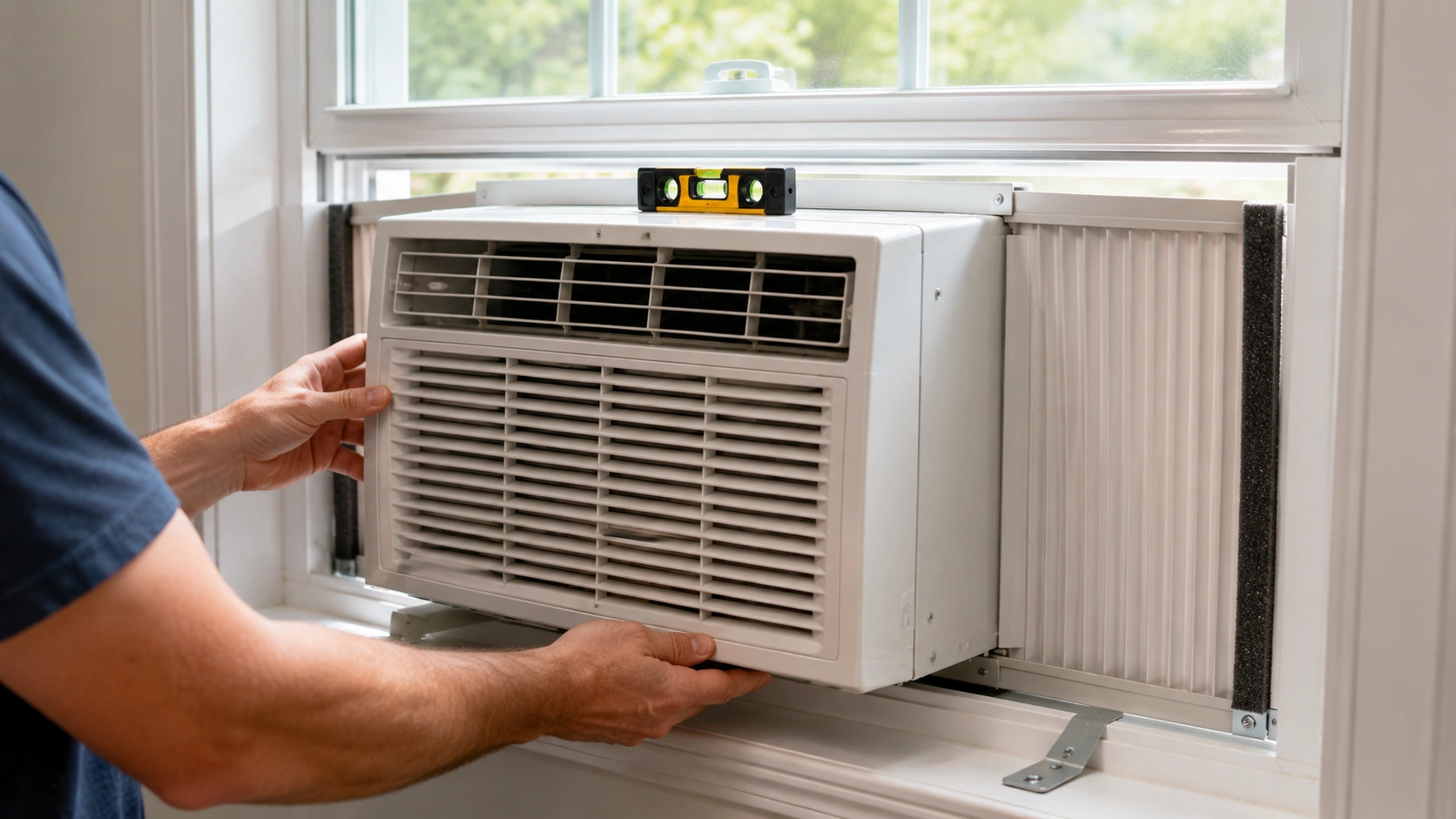 Step-by-step window air conditioner installation showing bracket mounting and window sealing