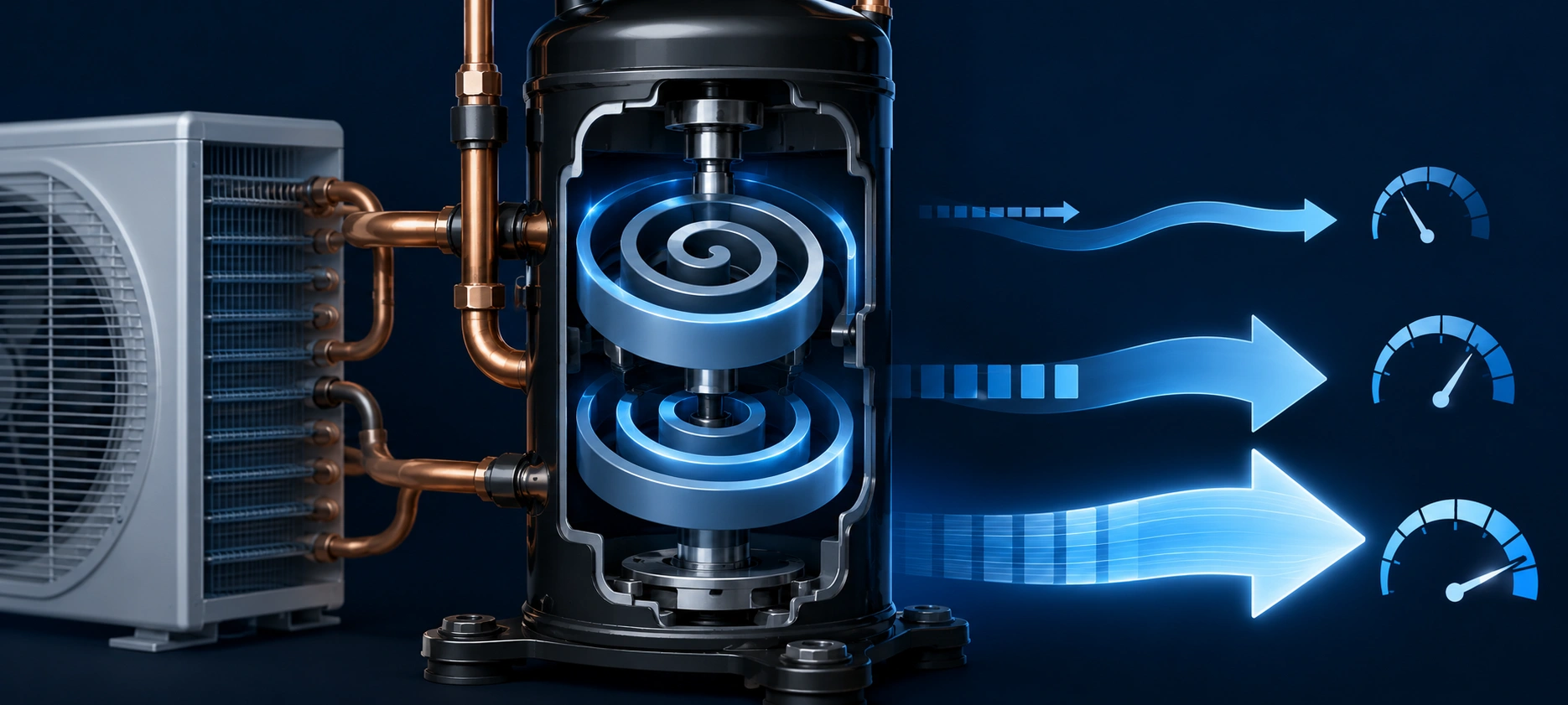 Inverter air conditioner compressor technology showing variable speed operation