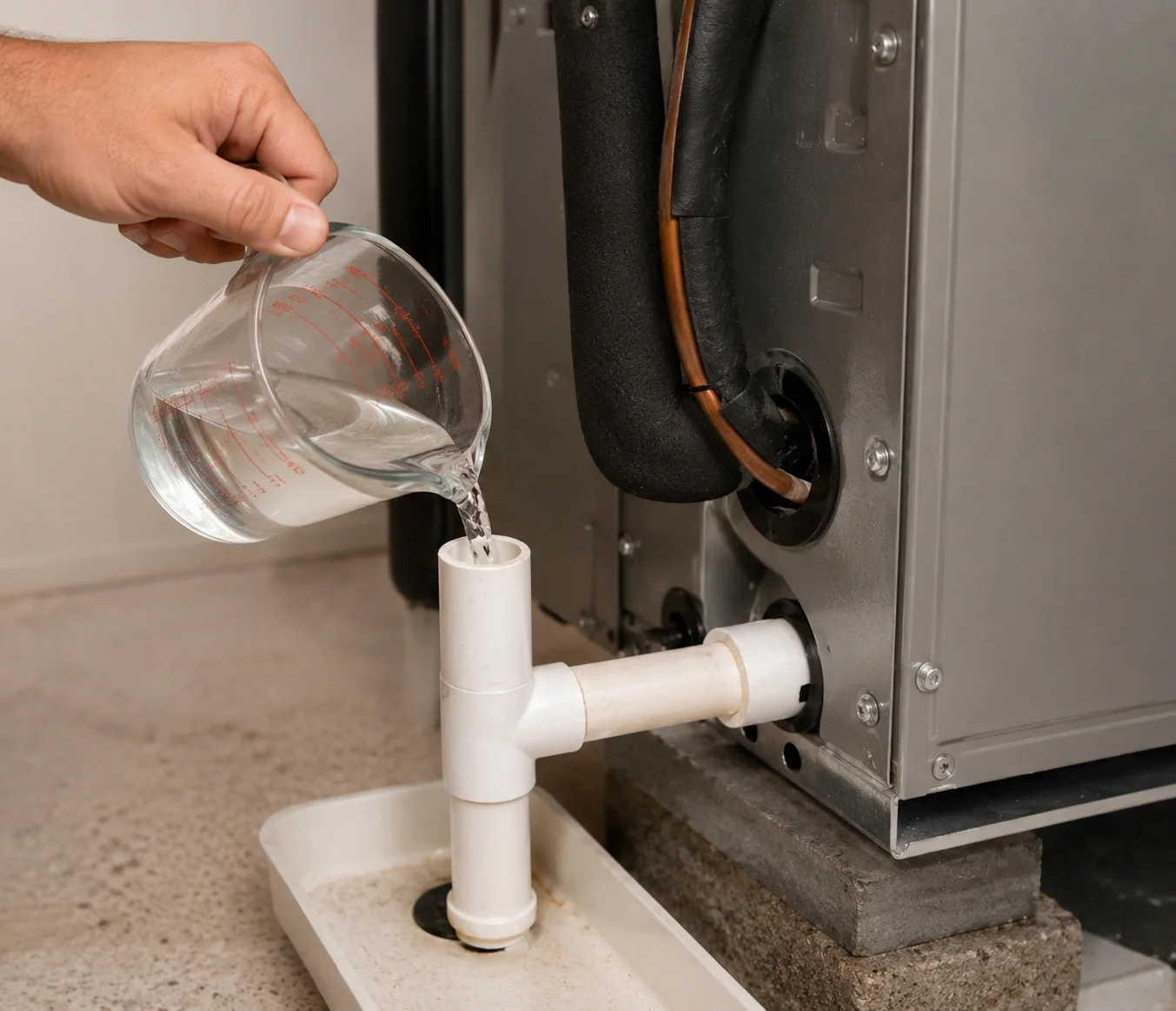 Flushing AC condensate drain line with vinegar to prevent clogs and water damage