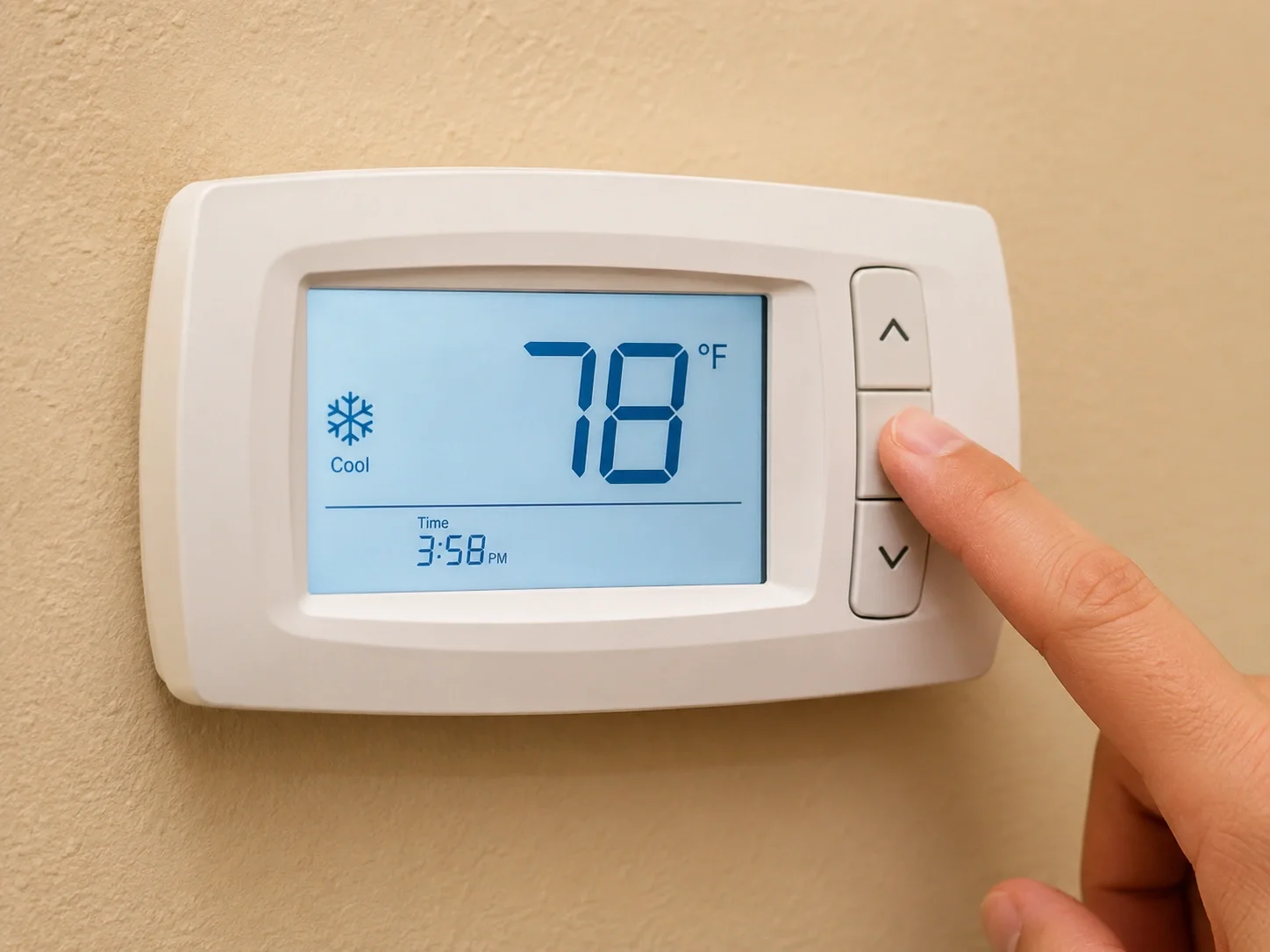Programmable thermostat displaying optimal AC temperature setting for energy savings