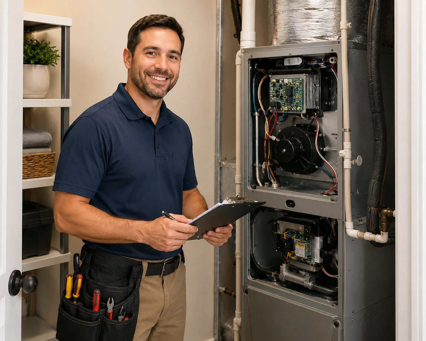 Licensed HVAC technician performing annual AC inspection and maintenance service