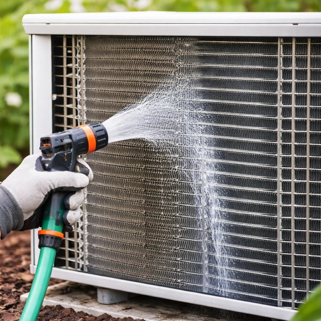 Cleaning outdoor AC condenser coils with coil cleaner spray and garden hose