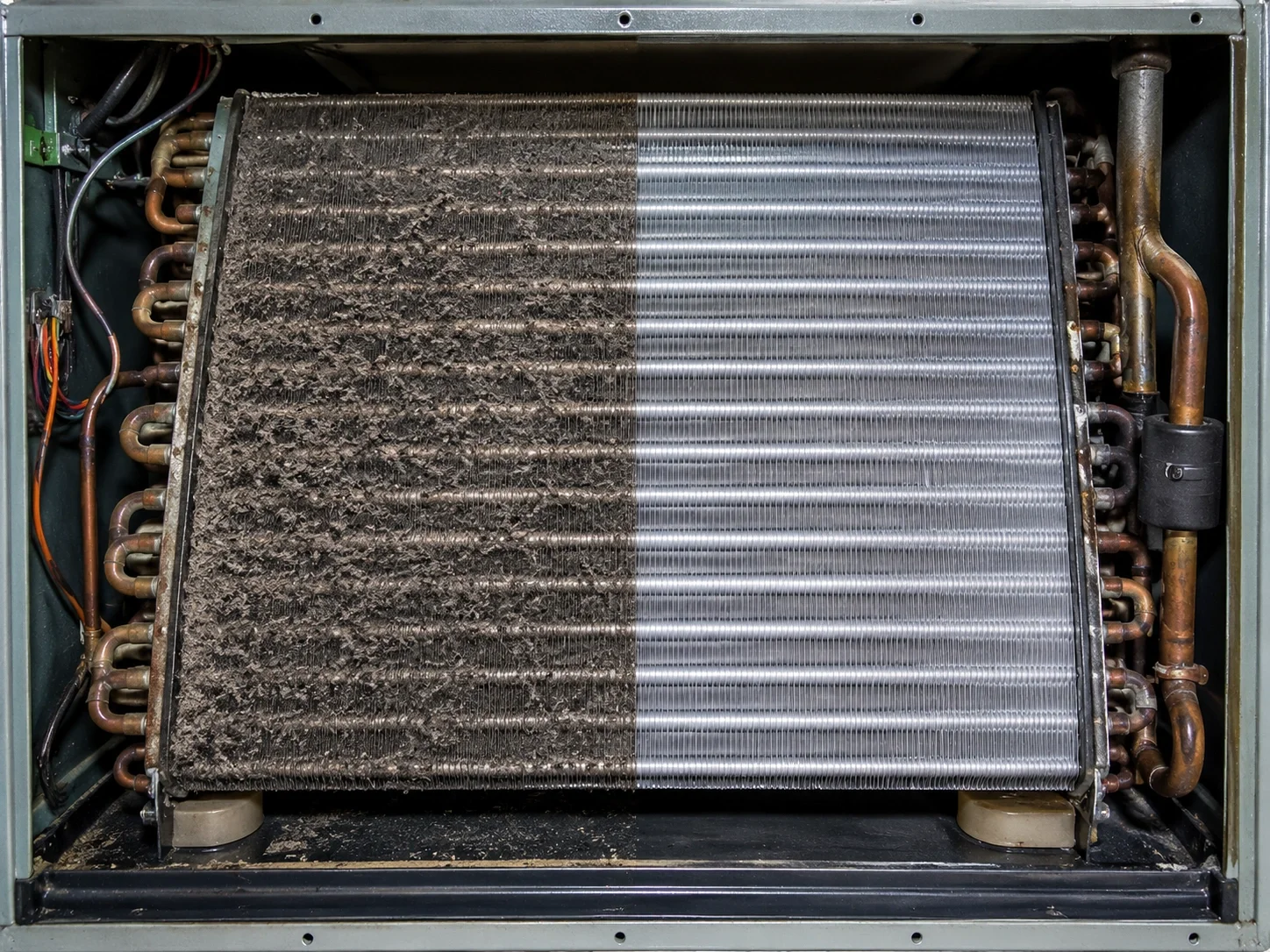 Dirty evaporator coil before and after professional cleaning
