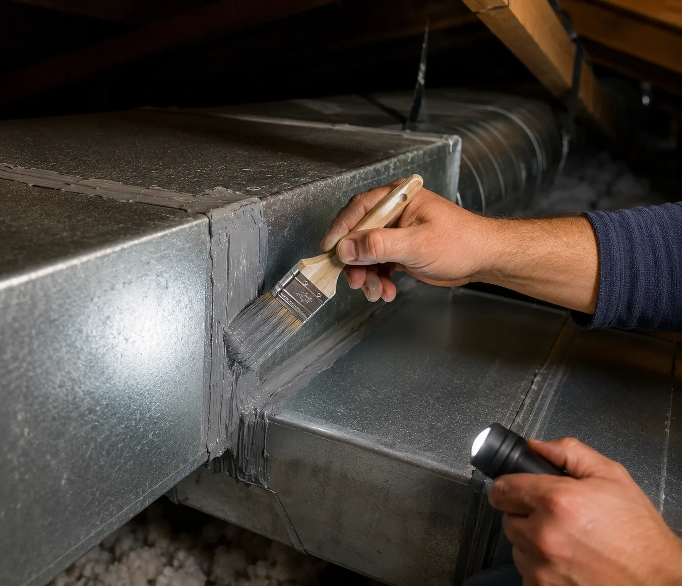 Sealing leaky air duct joints with mastic sealant to improve AC efficiency