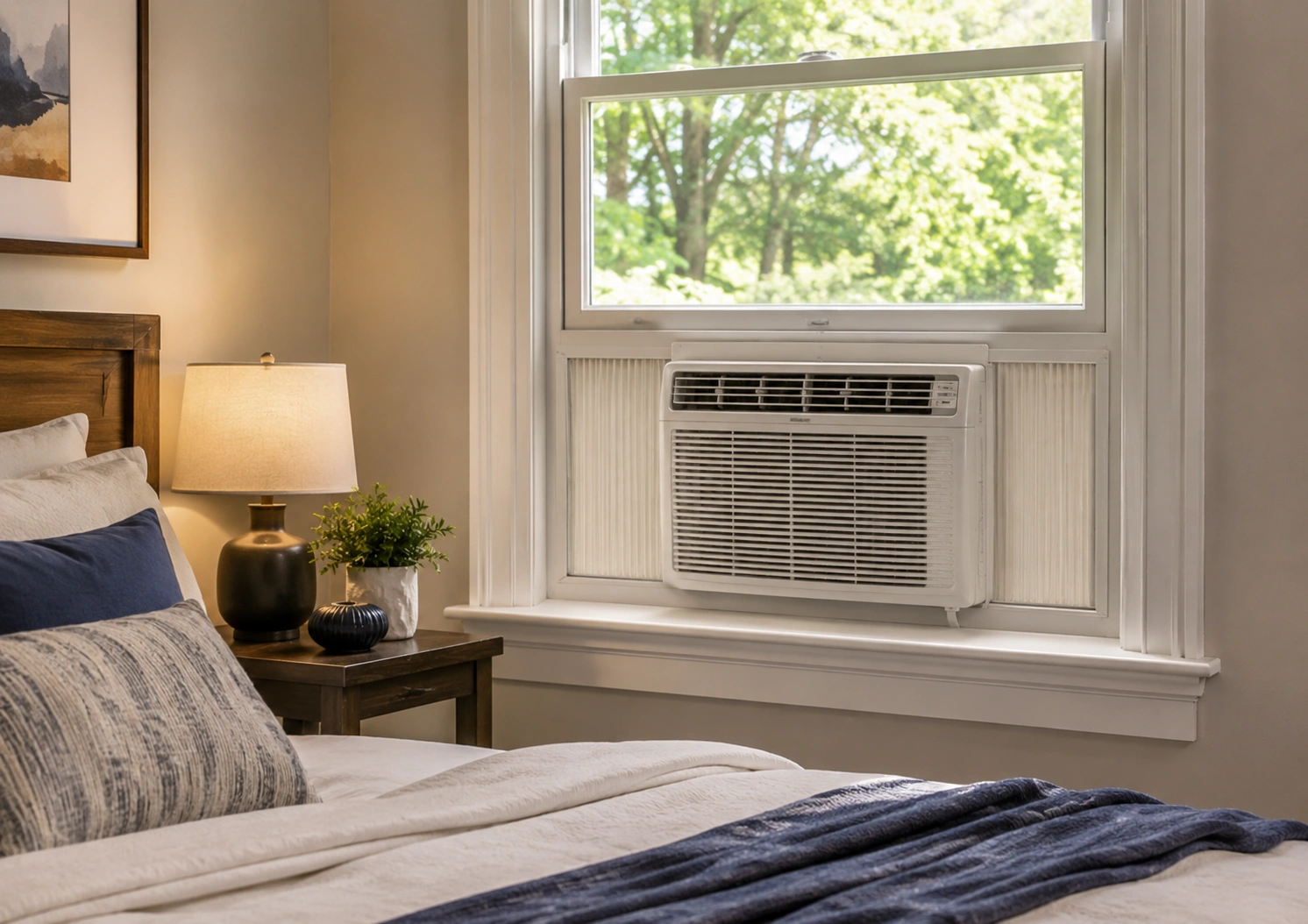 Window air conditioner unit installed in a bedroom window